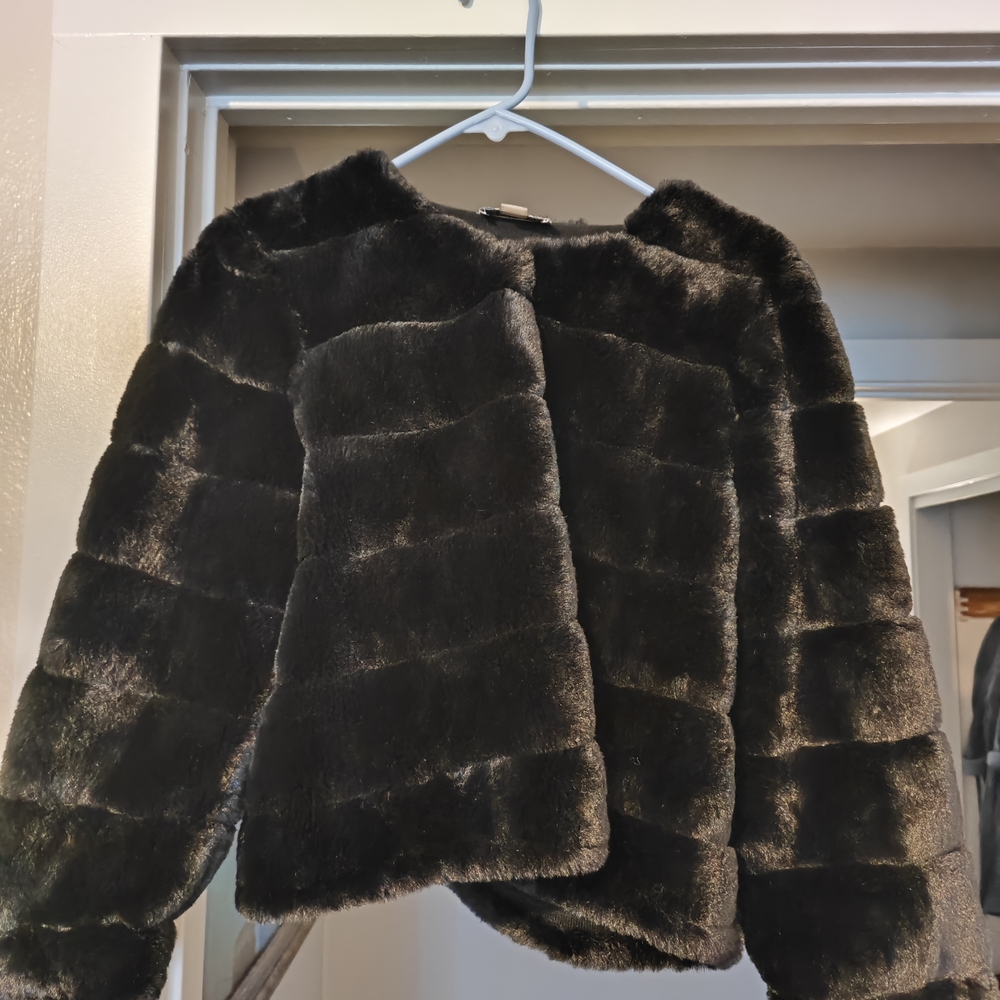 Women's Black Faux Fur Teddy Jacket - Plush Open Front Coat